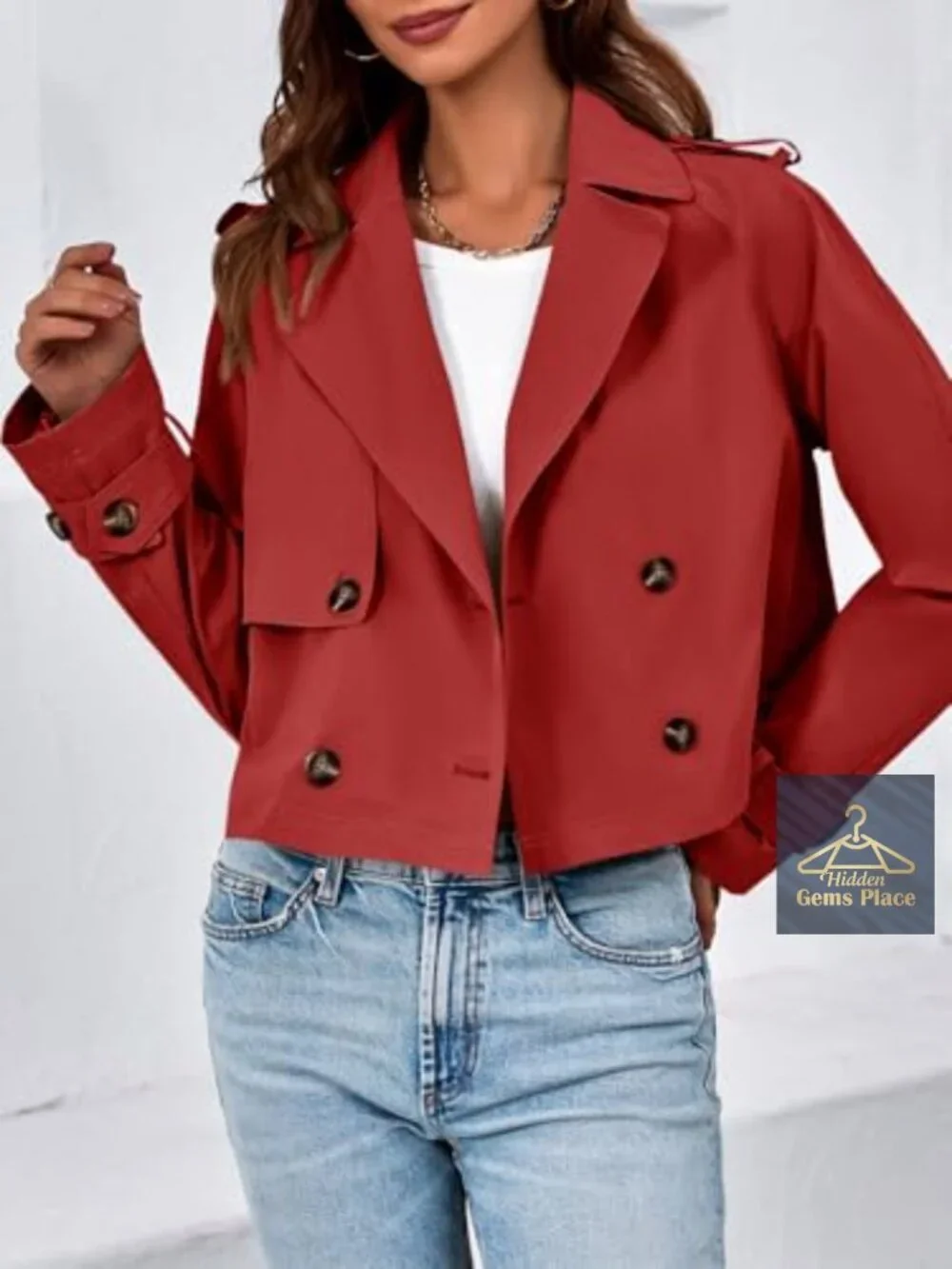 Womens Cropped Trench Coat Lapel Double Breasted Short Jacket